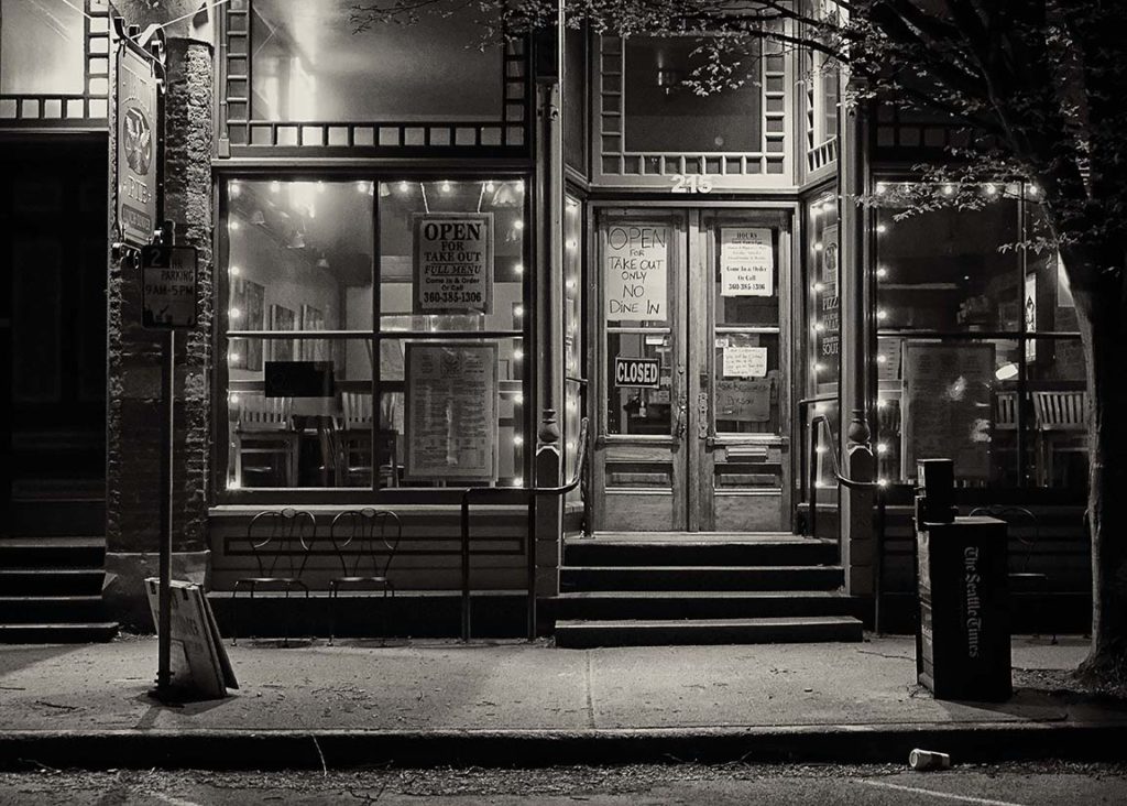 night photo of port townsound cafe